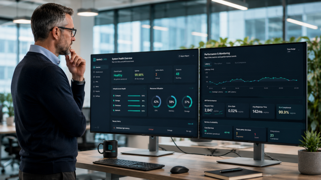 B2B SaaS operations executive analyzing engineering resource allocation and team productivity metrics on an office monitor
