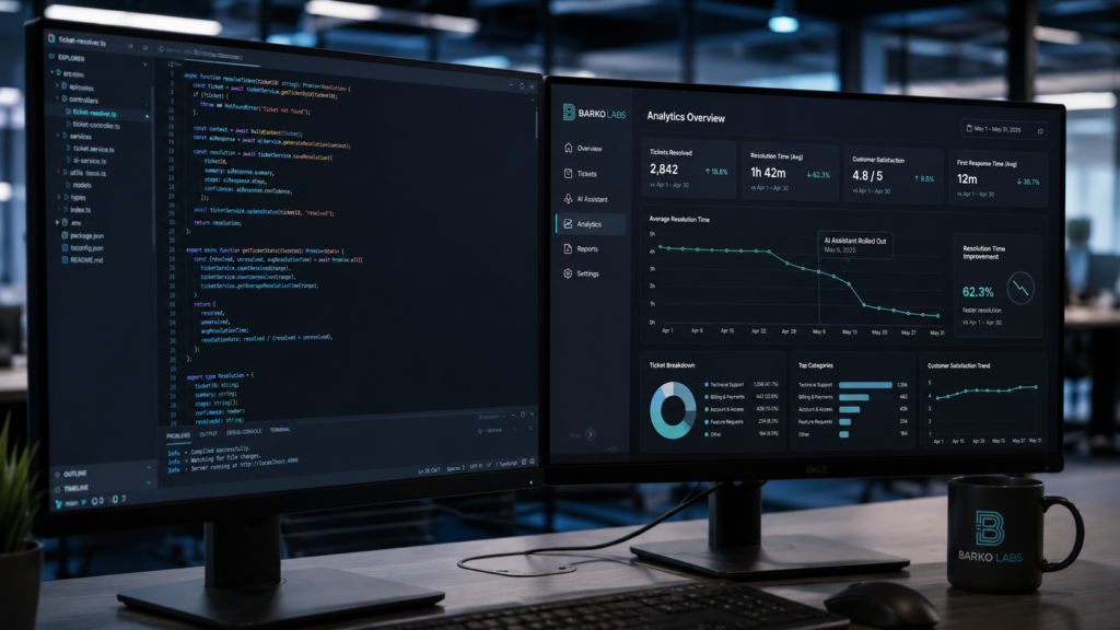 Modern enterprise helpdesk workstation with analytical dashboards showing compressed technical support ticket queues and operational efficiency metrics