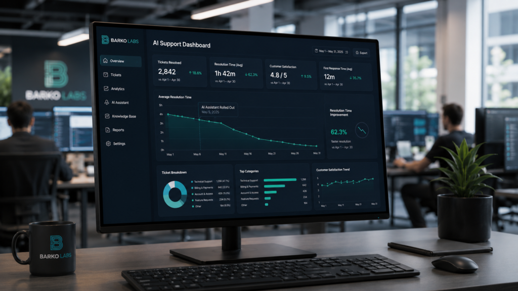A close-up of an office monitor displaying structured performance analytics dashboards within a modern corporate workspace